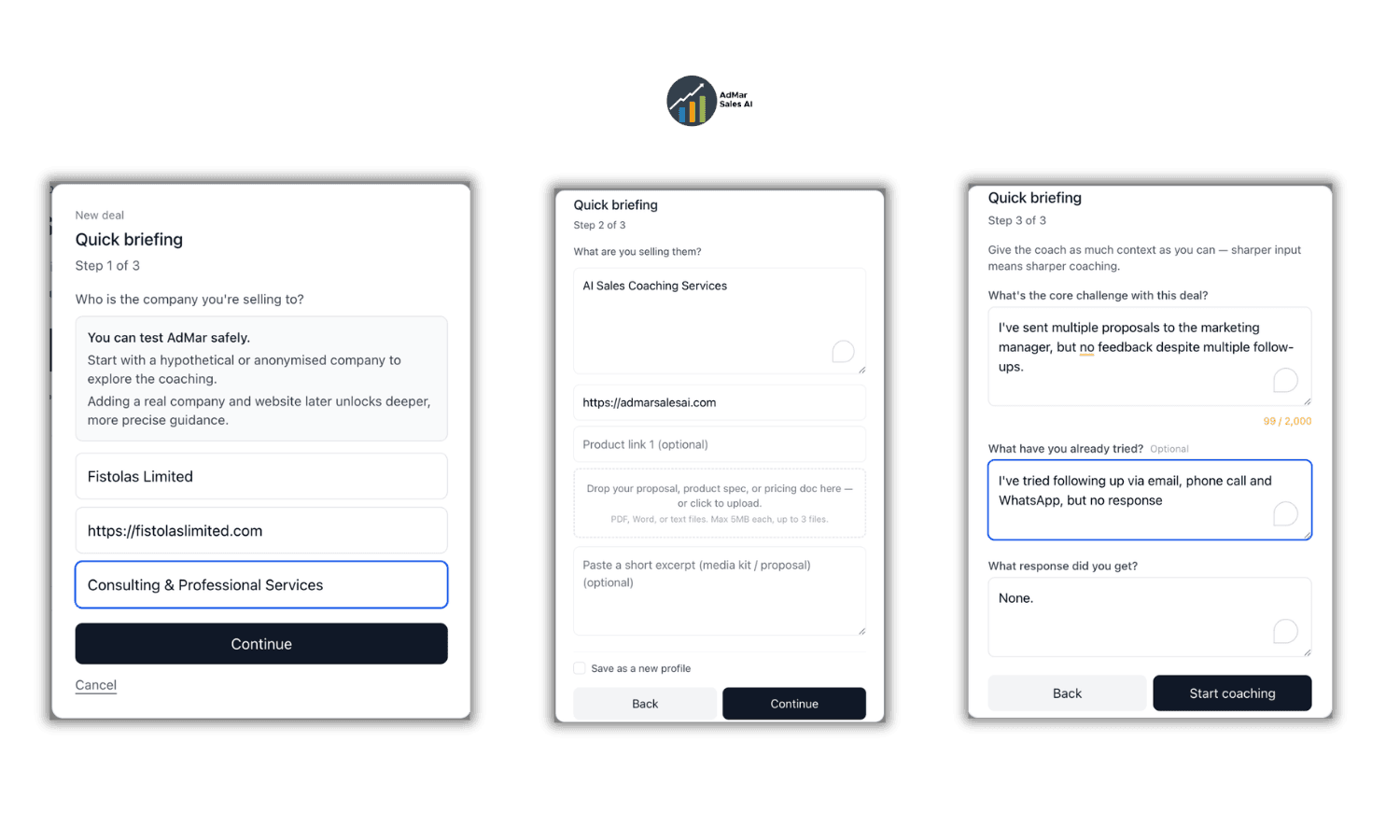 AdMar deal setup flow showing company, product, and challenge steps.