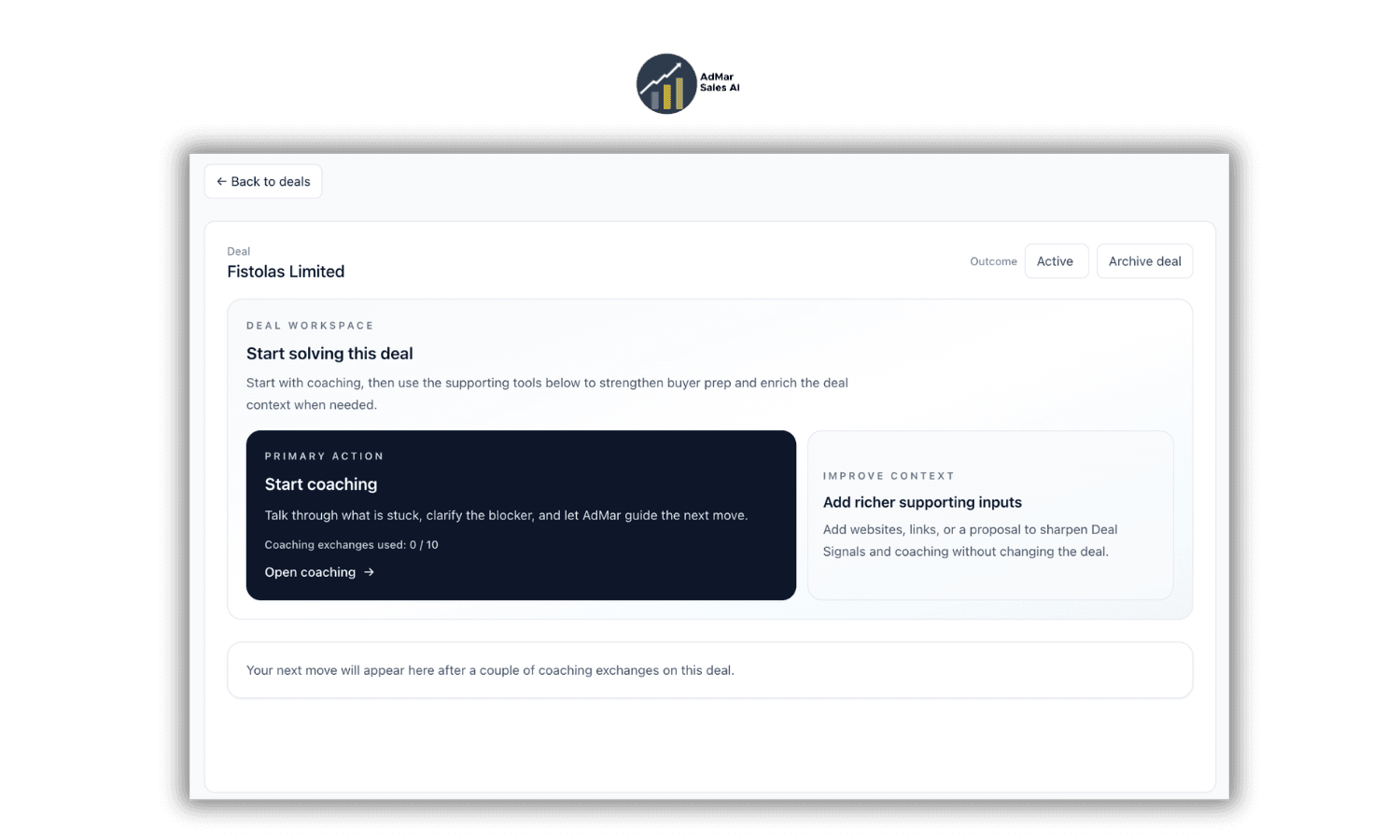 AdMar deal workspace showing a ready deal and the start coaching action.
