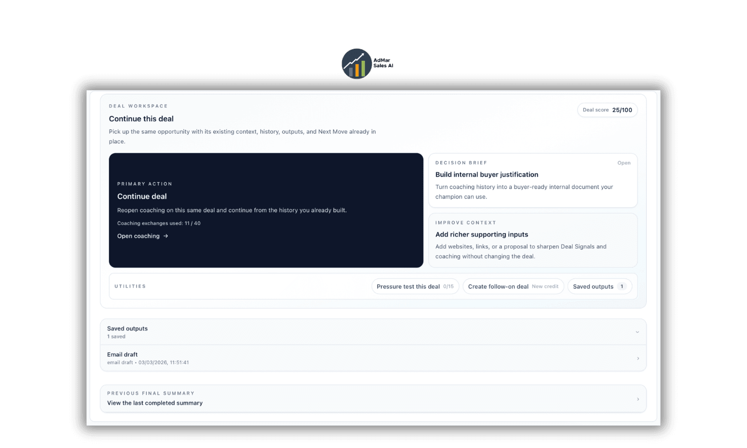 AdMar deal workspace after coaching with saved outputs and continued deal context.