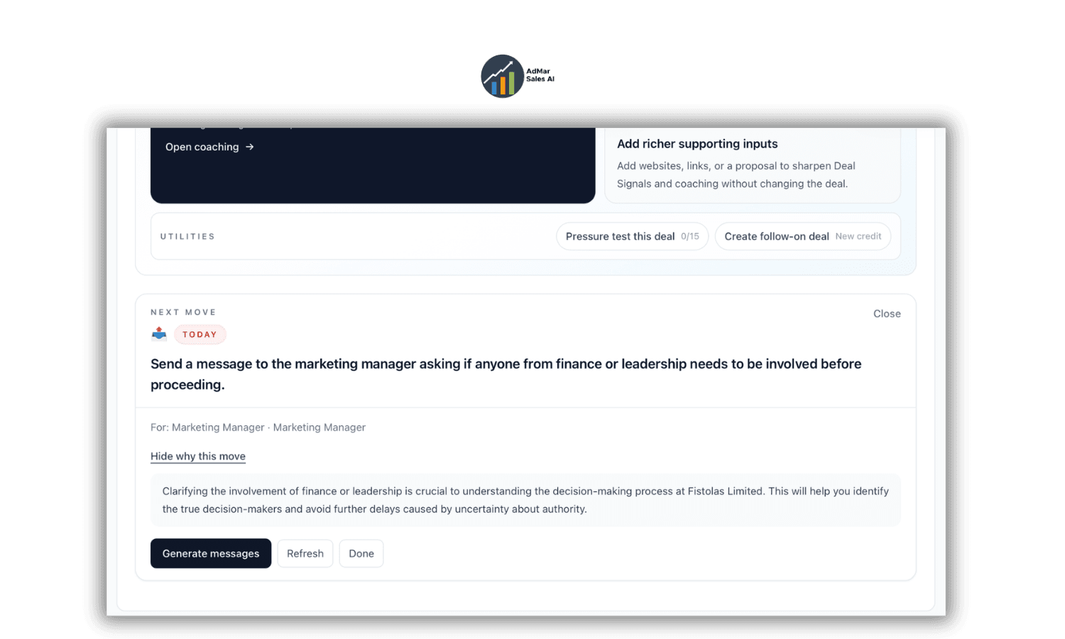 AdMar next move card with rationale and actions to generate, refresh, or complete the move.