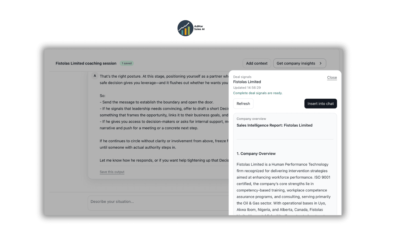 AdMar company insights panel showing account context and options to refresh or insert into chat.